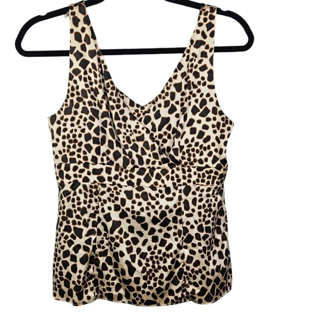 Talbots Brown Animal Print Silk Tank Top Cami V Neck Back Empire Size 8
